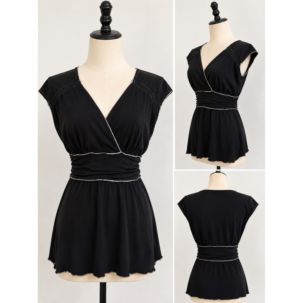 Max Studio Surplice Top Women Smallโ Black Ruched Empire Waist Y2K Top